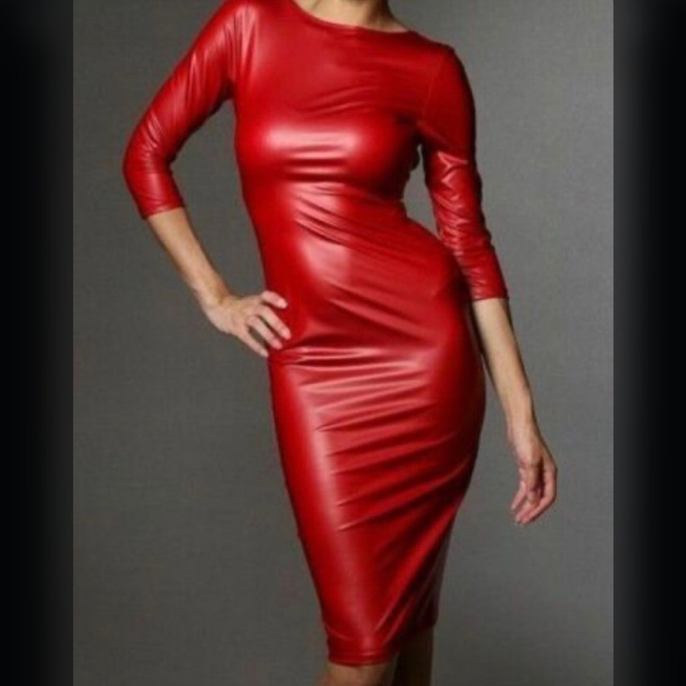 Red faux leather dress